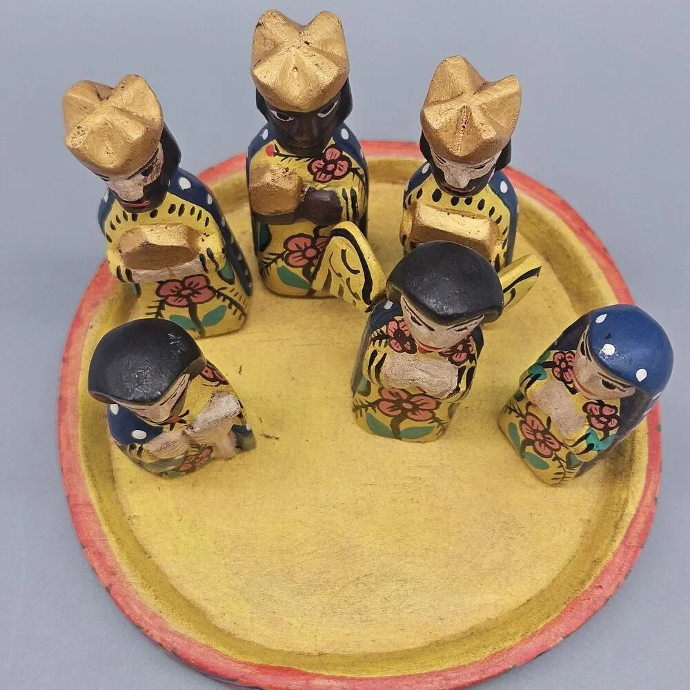 Handpainted Wooden Nativity Set Folk Art Colorful Table Piece Handcarved Mexico